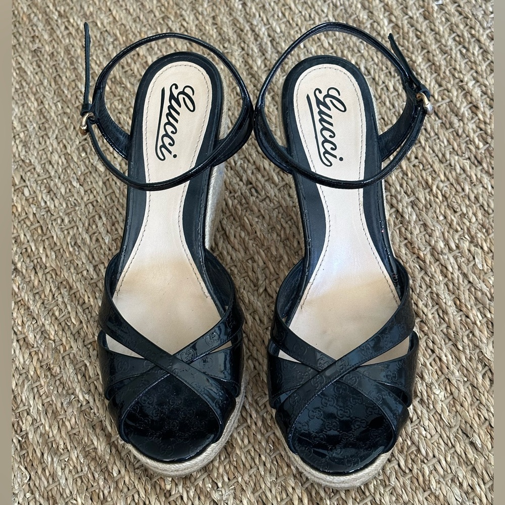 Gucci Black Patent Platform Espadrille Sz 40